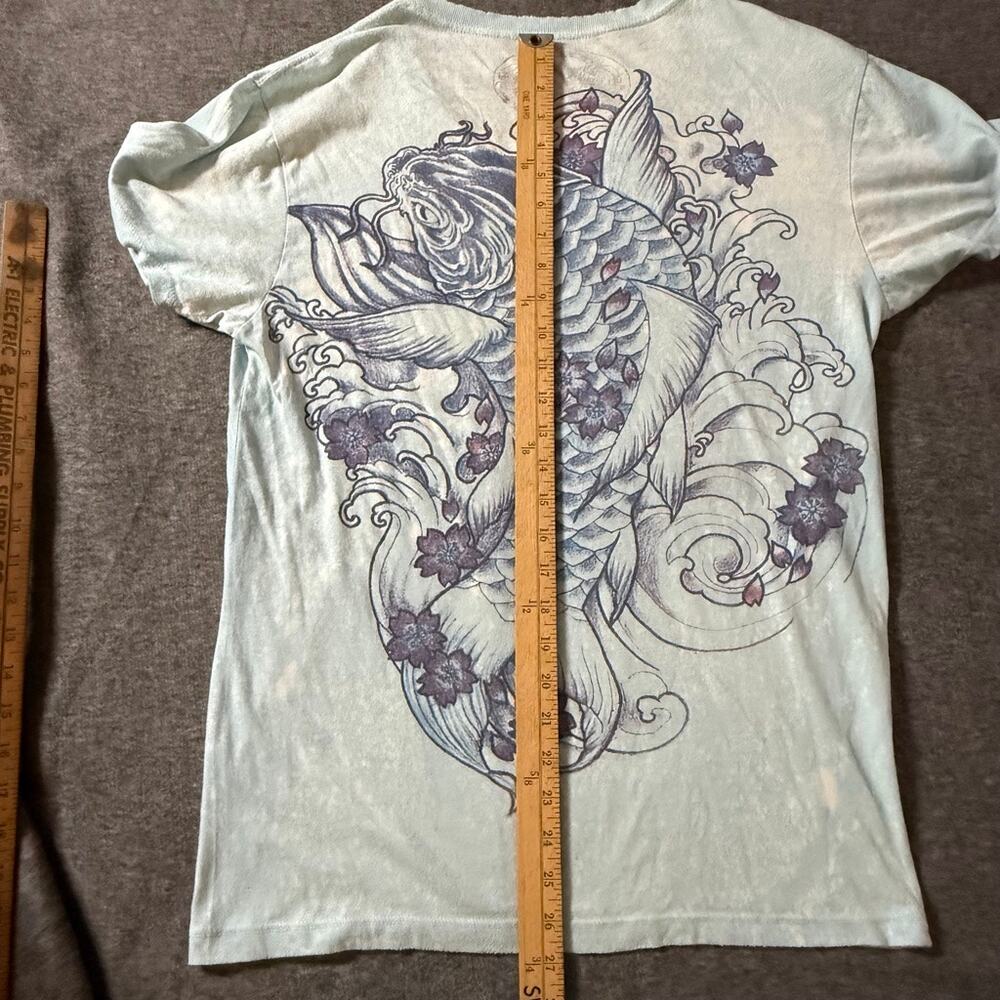 WORK Carp Koi Fish T-Shirt Men Blue White Japan Japanese Tattoo Yakuza V-Neck L - Picture 11 of 11